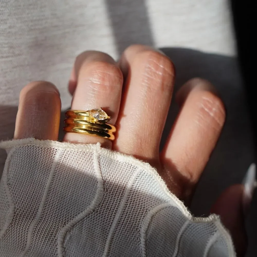 Vintage Inspired 18K Gold Plated Pear Zircon Stack Band Ring + Jewelry Pouch